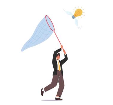 Businessman Character Chasing Flying Light Bulb Trying to Catch with Butterfly Net Isolated on White Background vector