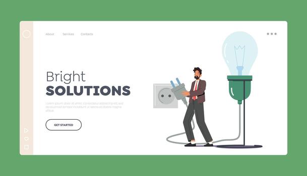 Bright Solutions Landing Page Template. Male Character Switch on Plug into Socket for Huge Light Bulb, Creative Idea vector