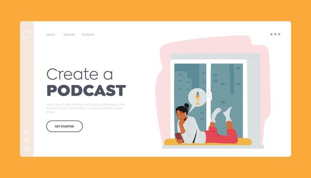 Tutorial Podcasting Program Landing Page Template. Female Character Listen Podcast Lying on Windowsill with Smartphone vector