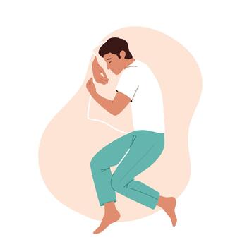 Dreamy Male Character Sleeping in Relaxed Pose Lying on Bed and Hugging Pillow Top View. People Bedding Time vector