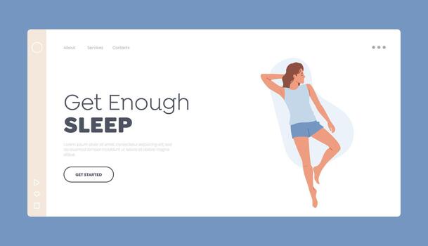 Get Enough Sleep Landing Page Template. Female Character Sleeping Pose Lying on Back in Bed with Arm under Head Top View vector