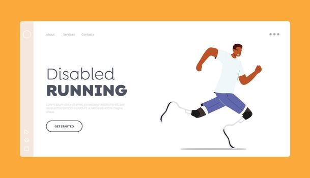 Disabled Running Landing Page Template. Athlete with Legs Prosthesis, Amputee Man Run. Character with Amputated Limbs vector
