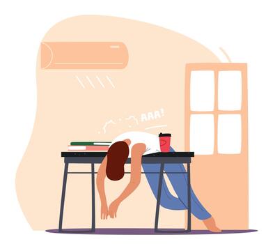 Man Lying on Working Desk Under Conditioner Flow Suffering of Heat Stroke and Fierce Heating. High Temperature at Summer vector