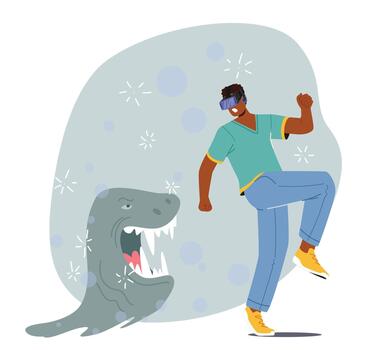 Man in Vr Goggles Escape for Scary Monster. Virtual Reality Recreation Game, Futuristic Interactive Technology vector