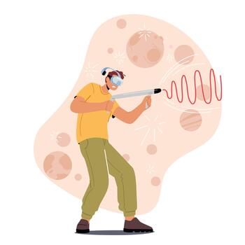 Gaming Recreation, Virtual Reality Simulation Hobby Concept. Man Gamer Playing Game in VR Goggles Shoot with Gun vector