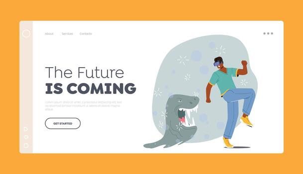 Virtual Reality Recreation Game, Futuristic Interactive Technology Landing Page Template. Man in Goggles in Gamers Club vector