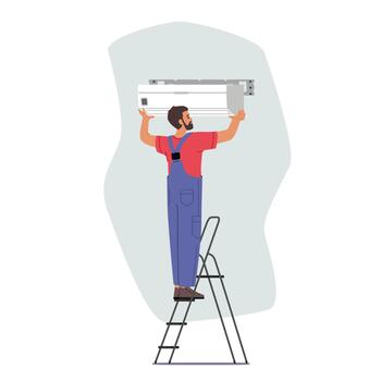 Air Conditioner Installation by Service Technician at Home. Professional Crew Character Working in Room Install System vector