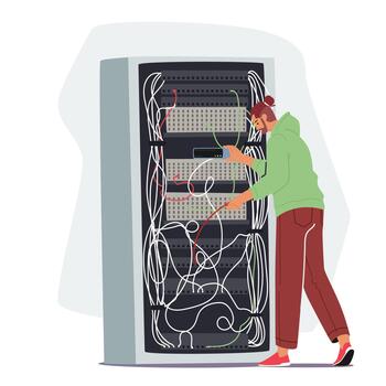 Sysadmin Servicing Server Racks. System Administrators Character Upkeeping, Administration, Configuration of Computer vector