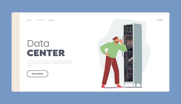 Data Center Landing Page Template. Sysadmin Character Repairing and Adjusting Network Connection. System Administrator vector