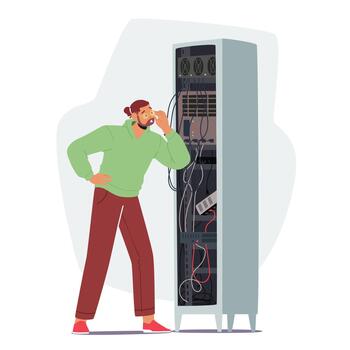 Sysadmin Male Character Repairing and Adjusting Network Connection. System Administrator Working With Server Rack vector