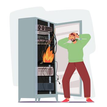 System Administrator or Sysadmin Character Servicing Server Racks with Burning Fire inside. Administration, Upkeeping vector