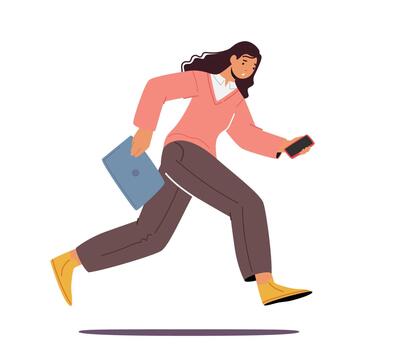 Office Worker Late at Work, Young Fashioned Girl Running with Smartphone and Folder in Hands, Student Run to University vector