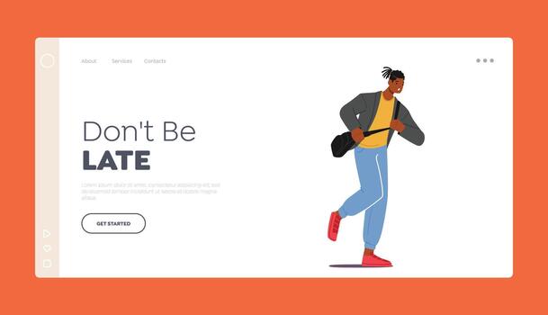 Student Character Late in University Landing Page Template. Anxious Young Man with Shoulder Bag Hurry at Class vector