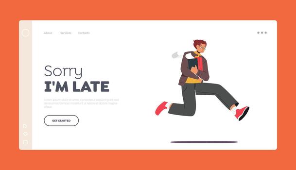 Anxious Man Hurry at Work due to Oversleep Landing Page Template. Businessman or Student with Documents Run in Stress vector