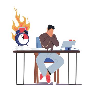 Overloaded Stressed Male Office Employee Character Sitting at Workplace with Computer and Huge Heap of Documents vector