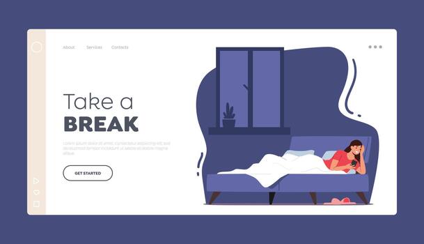 Take a Break Landing Page Template. Young Woman Lying in Bed with Smartphone, Reading Message, Chatting with Friend vector