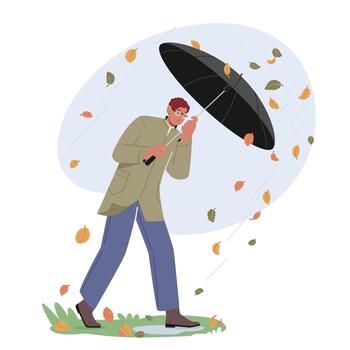 Man Holding Umbrella Protecting from Rain, Wind and Falling Leaves. Character Fighting with Thunderstorm, Autumn Weather vector