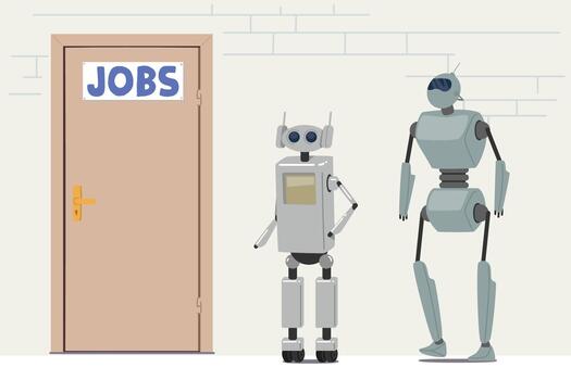 Robots Waiting Invitation for Job Interview at Lobby front of Door. Machine Characters Hiring in Office, Cyborg Hire Job vector