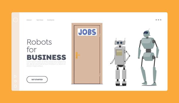 Cyborg Hire Job Landing Page Template. Robots Waiting Invitation for Job Interview at Lobby front of Door, Robotization vector