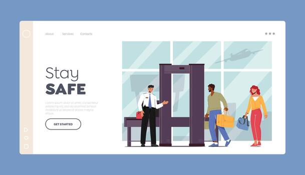 Airport Security Conveyor Belt Scanner Landing Page Template. Terminal Detector with Traveler Characters and Baggage vector