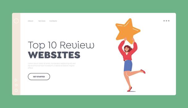Top 10 Review Websites Landing Page Template. Client with Golden Star in Hands. Customer Feedback, Rating, Evaluation vector