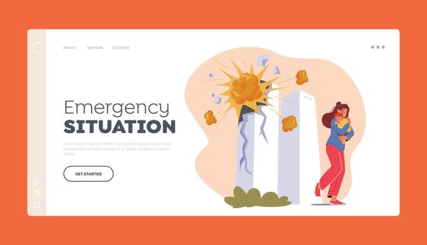 emergencia situación aterrizaje página modelo. asustado mujer con bebé en manos corriendo lejos desde explotando torre edificios vector