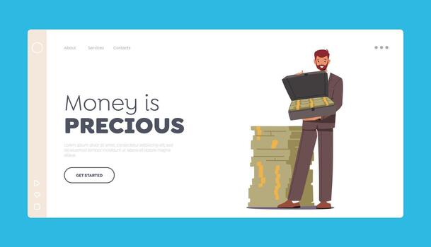Money is Precious Landing Page Template. Happy Male Character Presenting Open Suitcase with Dollar Stack inside vector