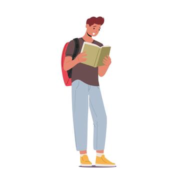 Man Student Character Reading Book. College or University Education, Pupil Prepare to Exam, Character Get Knowledge vector