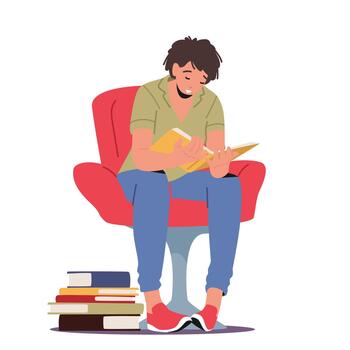 Young Man Student Character Read Book, Learn Homework or Prepare to Exam vector