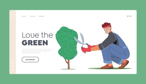 Yardwork Maintenance Landing Page Template. Man Cut Hedge in Orchard Doing Gardener Works Prune Shrub with Scissors vector