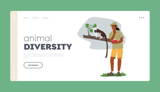 Animal Diversity Landing Page Template. Zoo Activist Character Learn Wildlife. Zoologist Study Monkey In Natural Habitat vector