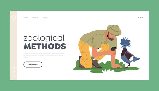 Zoological Methods Landing Page Template. Birdwatcher Male Character Watching, Learning and Photographing Birds vector