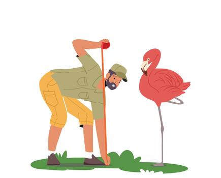 Zoo Worker Or Veterinarian Examining And Measuring Flamingo, Professional Zookeeper Ornithologist Scientist Character vector