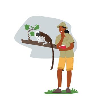 Zoo Activist Character Learn Wildlife. Zoologist Study Monkeys In Their Natural Habitat. Scientist Exploring Animals vector