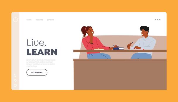 Students Characters on Lecture In University Hall Landing Page Template. Class or Auditorium With Young People vector