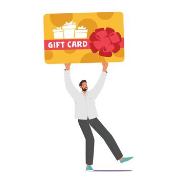 Man Buyer Character with Huge Gift Certificate Isolated on White Background. Customers Care and Loyalty Program vector