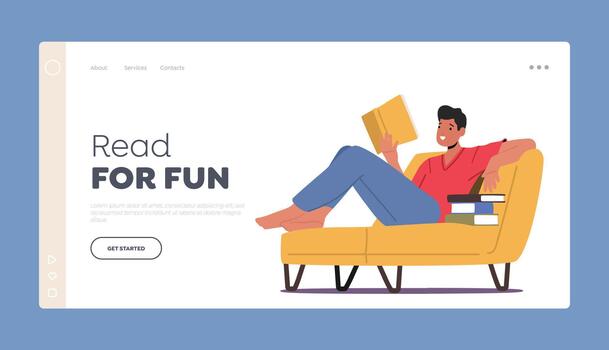 Knowledge, Learning Landing Page Template. Young Man Student Character Reading Book Lying On Couch. Reading Hobby vector