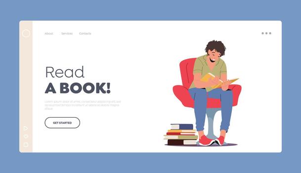 Read A Book Landing Page Template. Education, Learning, Reading Hobby. Young Man Student Character Read Book, Learn vector