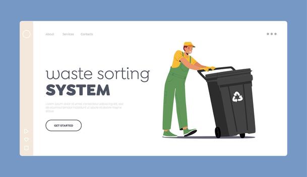 residuos clasificación sistema aterrizaje página modelo. carroñero en uniforme Halar camada compartimiento. basura y desperdicios reciclaje Servicio vector