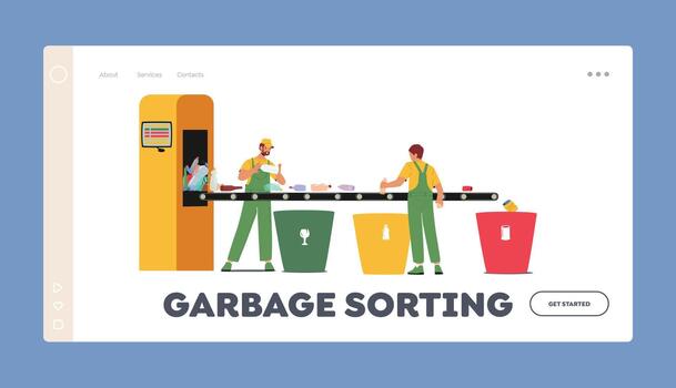 Garbage Sorting Landing Page Template. Manufacturing Service, Wastes Recycling Technological Process at Factory Conveyor vector