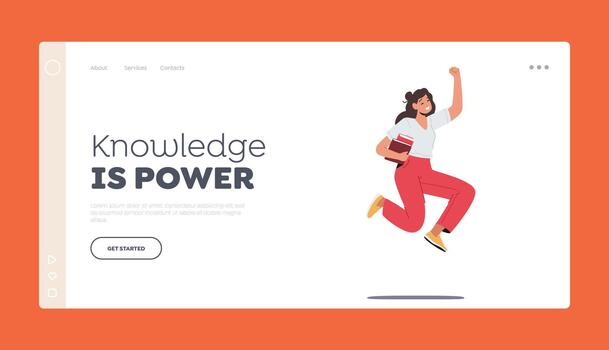 Back To School, Knowledge Is Power Landing Page Template. Happy Student Female Character Jumping With Textbooks vector