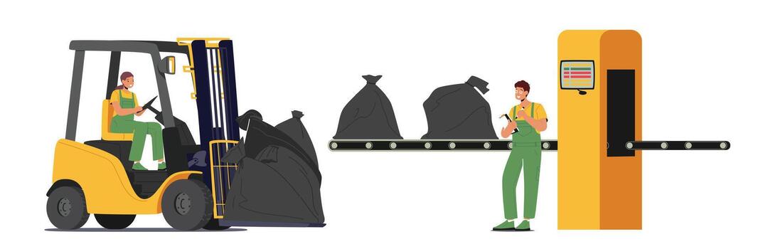 Wastes Recycling, Manufacturing Technological Process. Workers Characters Loading Trash on Factory Conveyor Belt vector