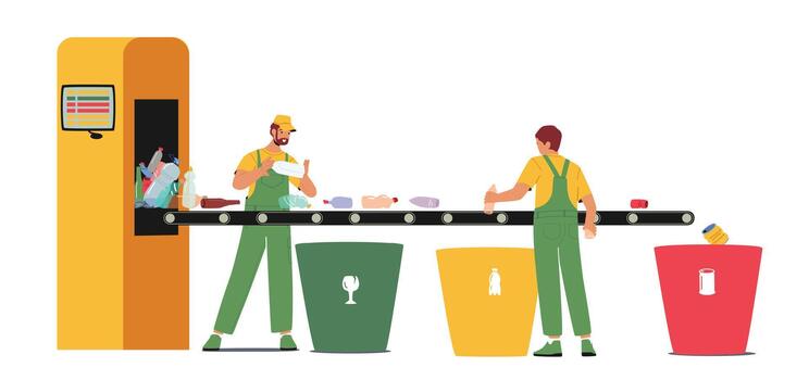 Garbage Manufacturing Service, Wastes Recycling Technological Process Concept. Workers Characters in Robe Sorting Litter vector