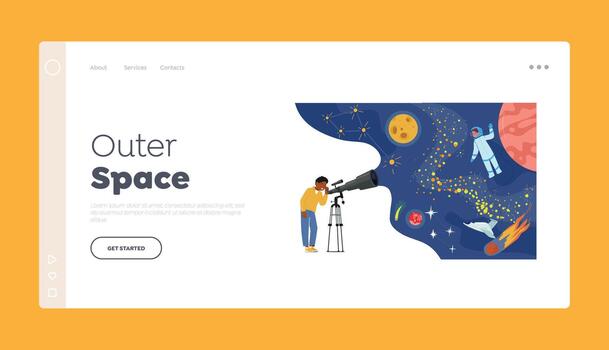 Outer Space Observation Landing Page Template. Little Curious Boy Look In Telescope, Child Studying Astronomy vector