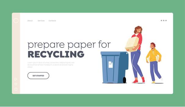 Prepare Paper for Recycling Landing Page Template. Mother and Son Throw Garbage into Containers for Collecting Litter vector