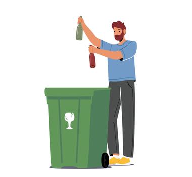 Man Throw Glass Bottles Garbage Into Special Container For Sorting Litter, Trash Recycling Isolated On White Background vector