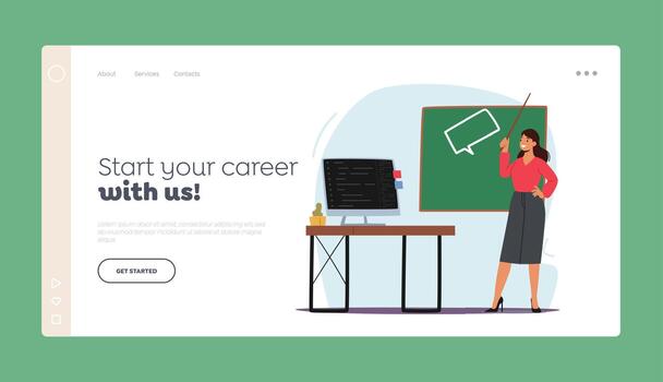 Education Landing Page Template. Foreign Language Teacher Stand at Blackboard Explain Rules to Students in Classroom vector