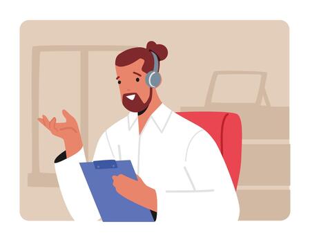 Call Center Operator Male Character Support Customer by Telephone Hotline. Man in Headset Working at Help Desk vector