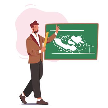 School Education, Learning Concept. Teacher Stand at Blackboard with Writings Explain Lesson to Students Tutor Character vector