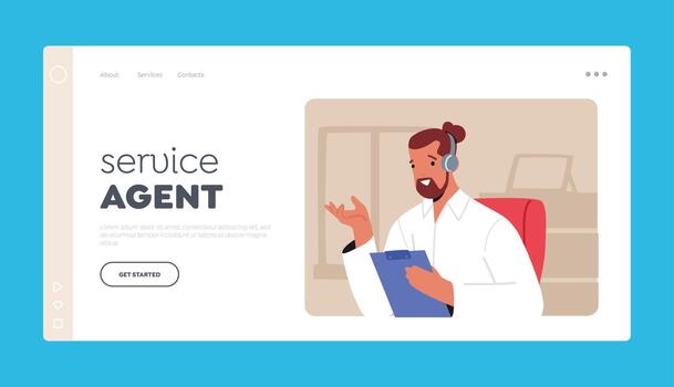 Service Agent Landing Page Template. Call Center Operator Male Character Support Customer by Telephone Hotline vector